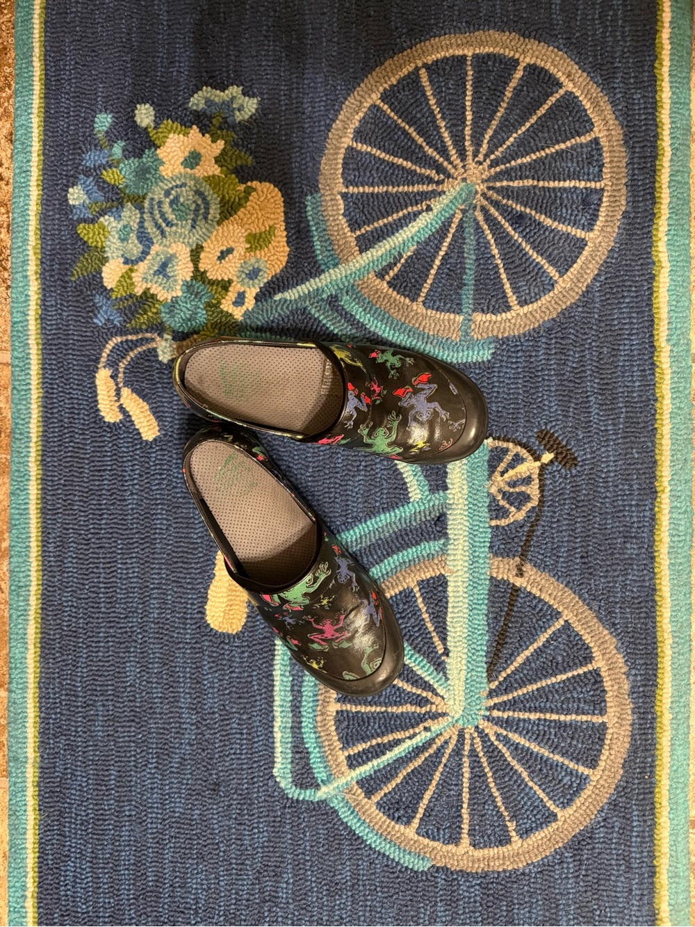 Dansko Black Clogs with Multicolor Frog Motif